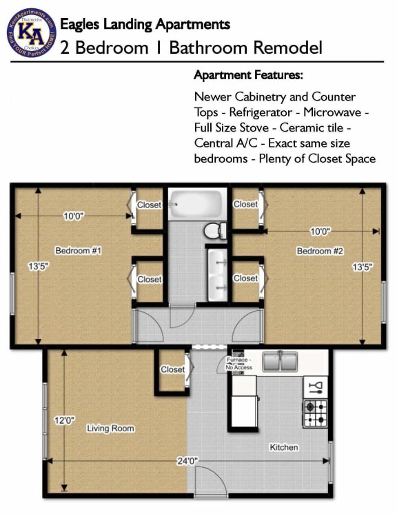2 Bedroom 1 Bath Renovated 730 Sq. Ft Floor Plan at Eagles Landing Apartments, Integrity Realty, Ohio, 44240